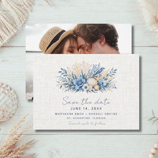 Blaue Strandidyll-Hochzeitsfoto Save the Date