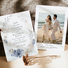 Blaue Strandküsten-Muschel-Foto-Hochzeit Einladung