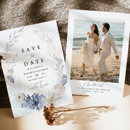 Blaue Strandküsten-Muschel-Foto-Hochzeit Save The Date