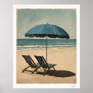 Blaue Strandsonnenschirm und Strandliegen Ölmalere Poster