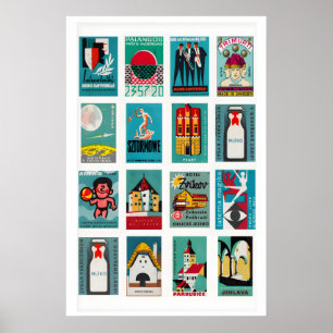 Blaue Streichholzschachtel-Etiketten-Collage, Vint Poster