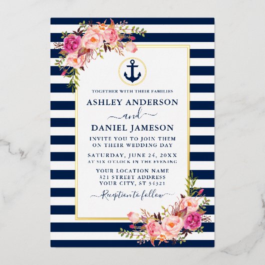 Blaue Streifen Aquarellfarbe Rosa Blütengold Folieneinladung (Vorderseite)