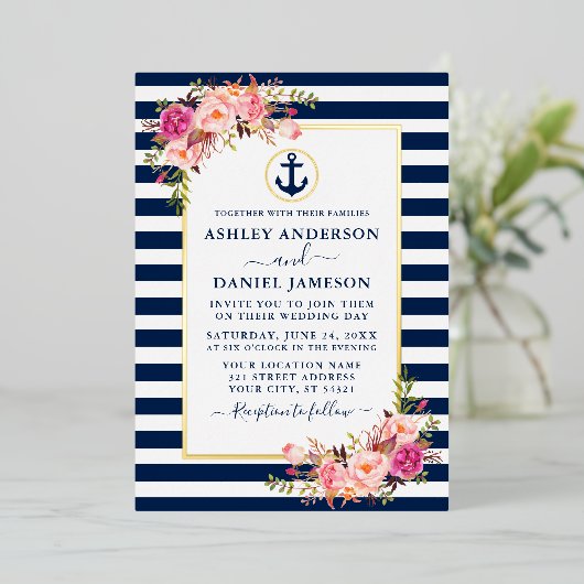 Blaue Streifen Aquarellfarbe Rosa Blütengold Folieneinladung (Stehend vorne)