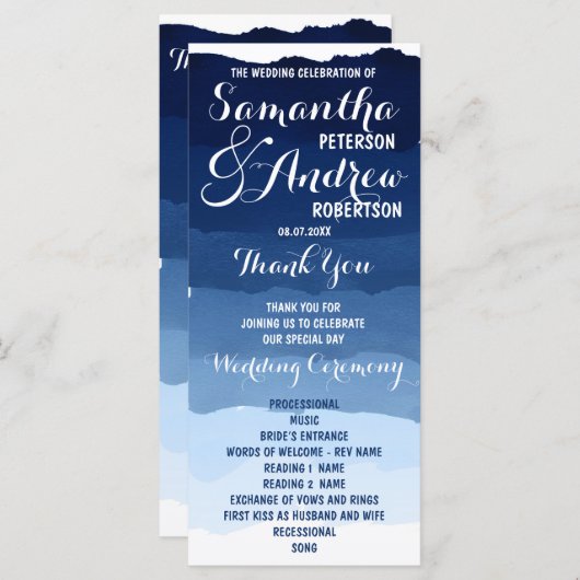 Blaue Streifen Aquarellfarben Ober Hochzeitsprogra Programm (Vorne/Hinten)
