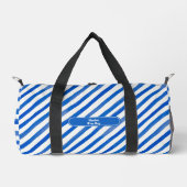 Blaue Streifen auf Weiß und Text Duffle Bag (Vorderseite)
