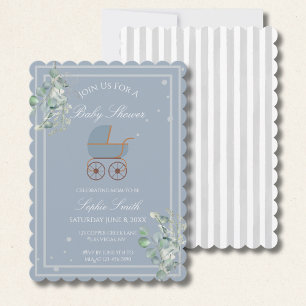 Blaue Streifen Babywagen Baby Shower mit Bogenmust Einladung