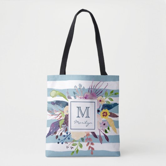 Blaue Streifen, BlumenAquarell gemaltes Monogramm Tasche (Vorderseite)