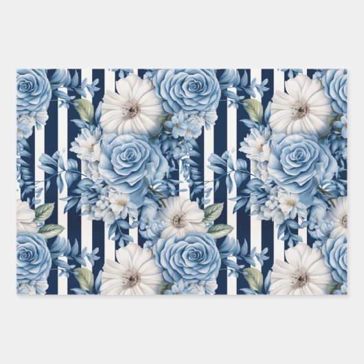 Blaue Streifen Blumengeburten Geschenkpapier Set (Vorderseite 3)