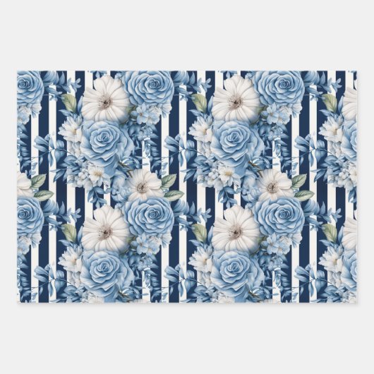 Blaue Streifen Blumengeburten Geschenkpapier Set (Vorderseite)