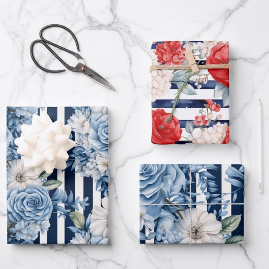 Blaue Streifen Blumengeburten Geschenkpapier Set (Vorderseite)
