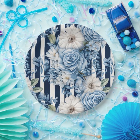 Blaue Streifen Blumenmuster Brautparty Pappteller (Party)