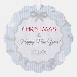 Blaue Streifen-Bogen Whimsical Weihnachten Silber Ornament Karte