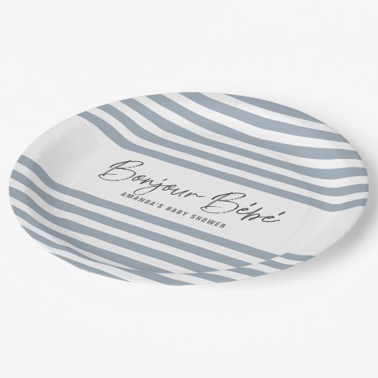 Blaue Streifen Bonjour Bebe Pappteller (Schrägansicht)