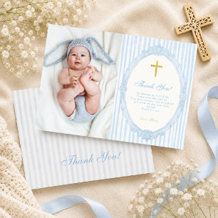Blaue Streifen Elegante Vintage Jungen Taufe Foto Dankeskarte