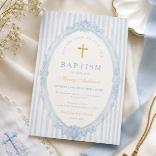 Blaue Streifen Elegante Vintage-Jungentaufe Einladung
