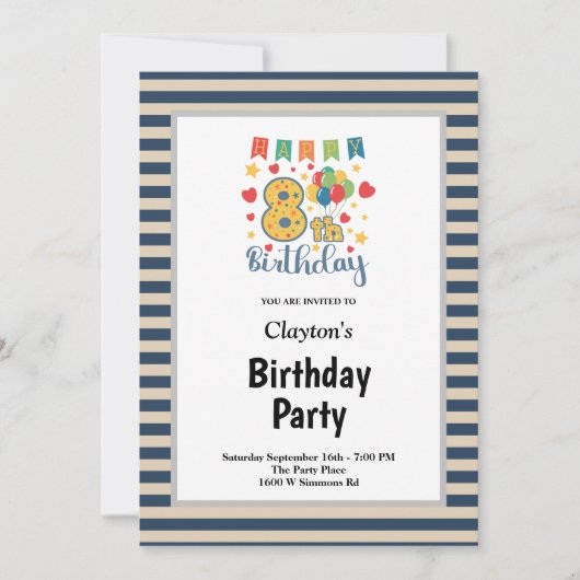 Blaue Streifen Gerahmt 8. Geburtstagsparty Einladung (Vorderseite)