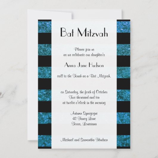 Blaue Streifen, Glitzer Streifen, Linien, Bat Mitz Einladung (Vorderseite)