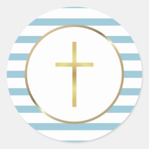 Blaue Streifen Gold Kreuz Runder Aufkleber