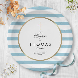 Blaue Streifen Gold Kreuz Taufe Pappteller