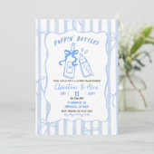 Blaue Streifen handgezogene Poppin Flaschen Babydu Einladung (Stehend Vorderseite)