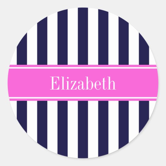 Blaue Streifen, Hot-Pink-Name Monogramm Runder Aufkleber (Vorderseite)