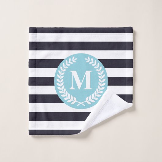 Blaue Streifen Laurel Wreath Monogram Badhandtuch Set (Waschlappen)