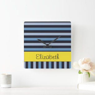 Blaue Streifen, Linien, Streifen, Ihr Name Quadratische Wanduhr