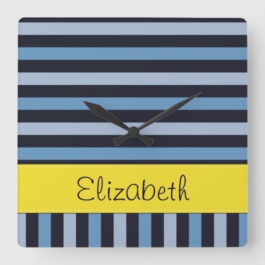 Blaue Streifen, Linien, Streifen, Ihr Name Quadratische Wanduhr (Vorderseite)