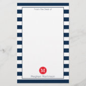 Blaue Streifen Minimal Chic Red Monogram Briefpapier (Vorderseite)