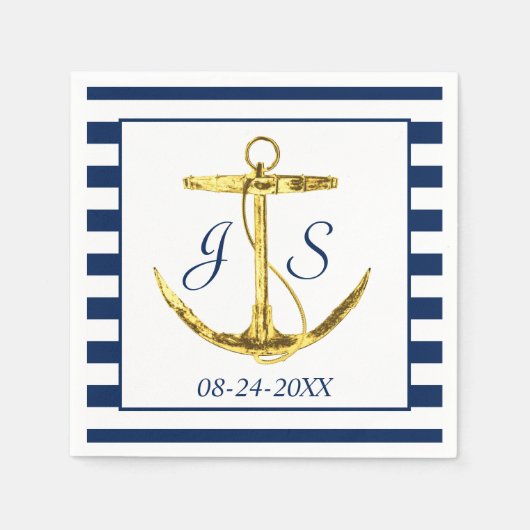 Blaue Streifen mit Goldanker Hochzeit Serviette (Vorderseite)