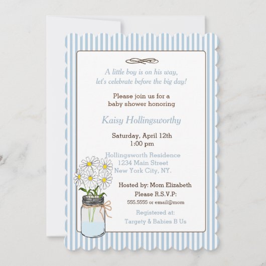 Blaue Streifen mit Mason Jar Baby Dusche Einladung (Vorderseite)