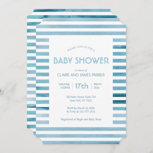 Blaue Streifen mit Wasserfarbe Einfache Babydusche Einladung (Vorne/Hinten)