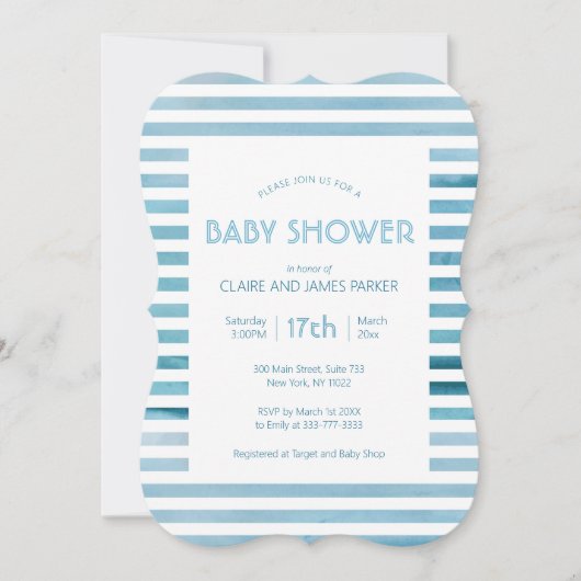 Blaue Streifen mit Wasserfarbe Einfache Babydusche Einladung (Vorderseite)