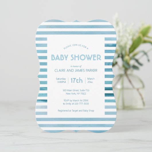 Blaue Streifen mit Wasserfarbe Einfache Babydusche Einladung (Stehend Vorderseite)