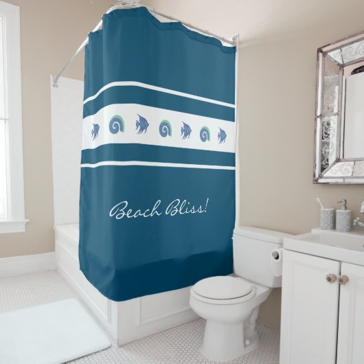 Blaue Streifen Muscheln Fish Beach House Duschvorhang (Beispiel)