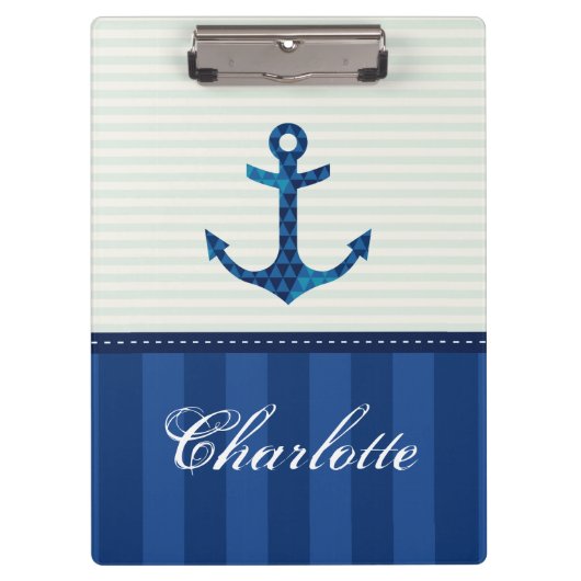 Blaue Streifen-Muster-Anker-nautischindividueller Klemmbrett (Vorderseite)