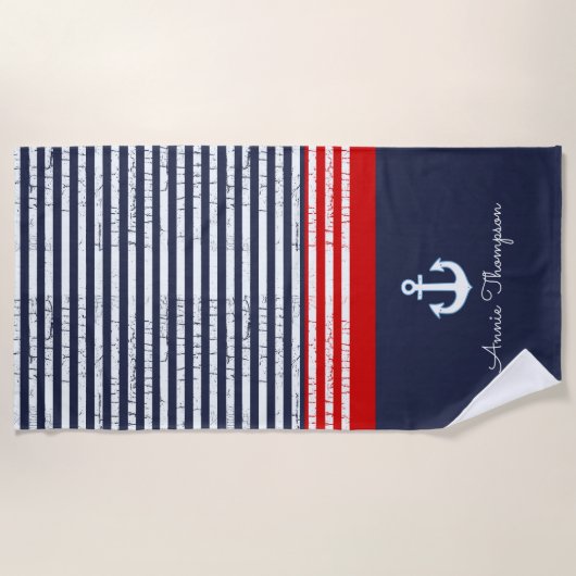 Blaue Streifen + Name und nautischer Anker Strandtuch (Vorderseite)