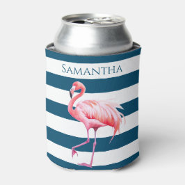 Blaue Streifen Pink Flamingo Personalisierter Name Dosenkühler