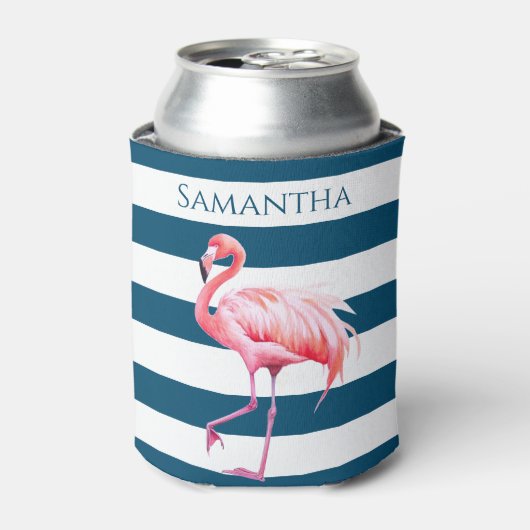 Blaue Streifen Pink Flamingo Personalisierter Name Dosenkühler (Kanne Vorderseite)