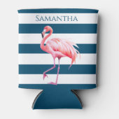Blaue Streifen Pink Flamingo Personalisierter Name Dosenkühler (Vorderseite)