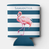 Blaue Streifen Pink Flamingo Personalisierter Name Dosenkühler (Rückseite)