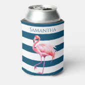 Blaue Streifen Pink Flamingo Personalisierter Name Dosenkühler (Kanne Rückseite)