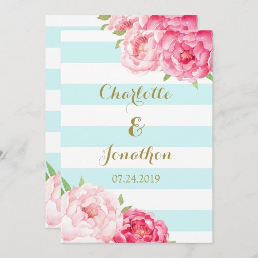 Blaue Streifen Rosa Blume Hochzeitsfeiern Einladung (Vorne/Hinten)