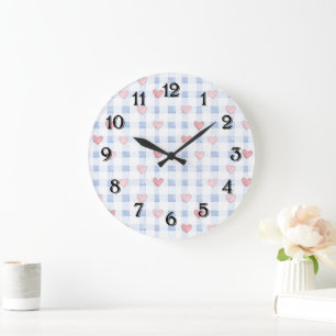 Blaue Streifen rosa Herzen   Große Wanduhr