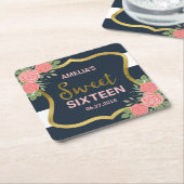 Blaue Streifen, rosa Rosen, 16 . Geburtstag Rechteckiger Pappuntersetzer (angewinkelt)