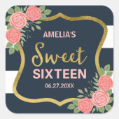 Blaue Streifen, rosa Rosen, süß 16 Quadratischer Aufkleber (Vorderseite)