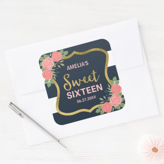 Blaue Streifen, rosa Rosen, süß 16 Quadratischer Aufkleber (Umschlag)