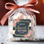 Blaue Streifen, rosa Rosen, süß 16 Quadratischer Aufkleber