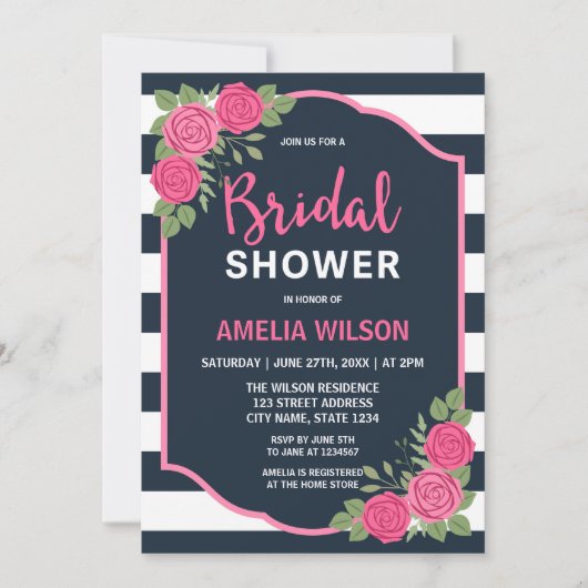 Blaue Streifen Rosenrosen Brautparty Einladung (Vorderseite)