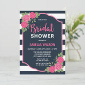 Blaue Streifen Rosenrosen Brautparty Einladung (Stehend Vorderseite)